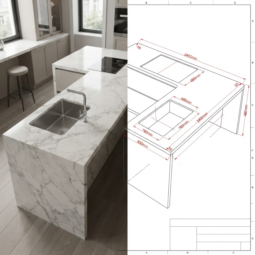 Countertop survey converted into precise 3D CAD and 2D DWG stone templates for quartz, marble and granite worktop fabrication in Dubai and the UAE