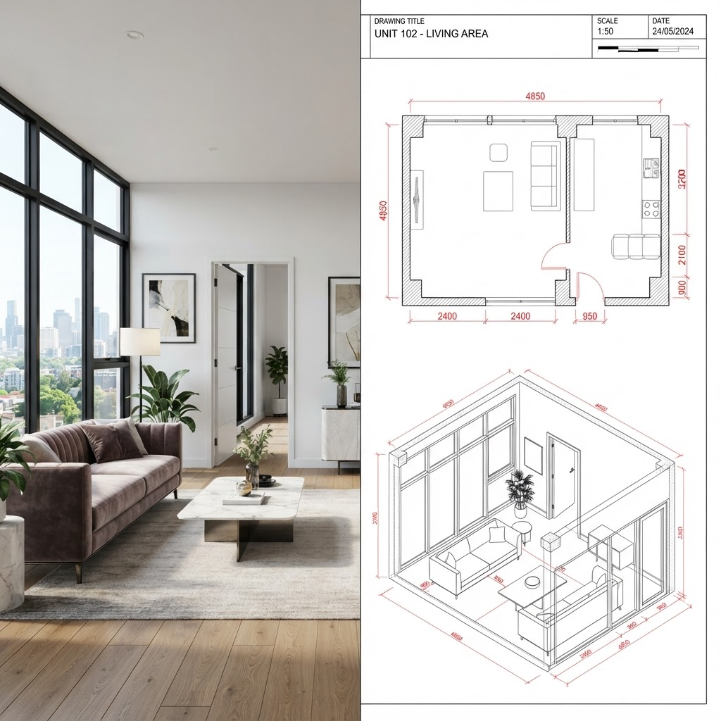 Interior survey converted into precise dimensioned 2D DWG floor plans and 3D as-built CAD model for renovation and furniture production in Dubai and the UAE