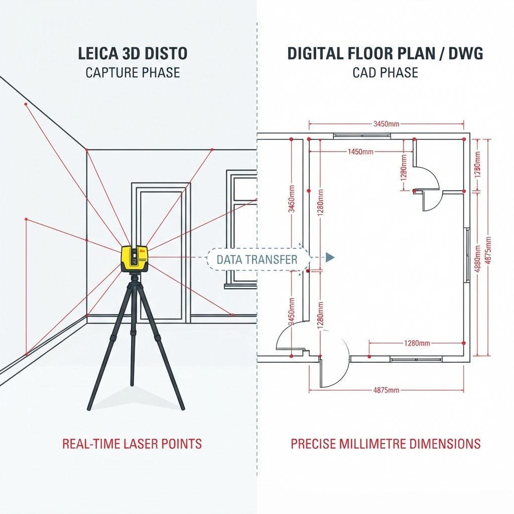 Laser measurement to CAD workflow — Leica 3D Disto laser points converted into a millimetre-accurate digital floor plan
