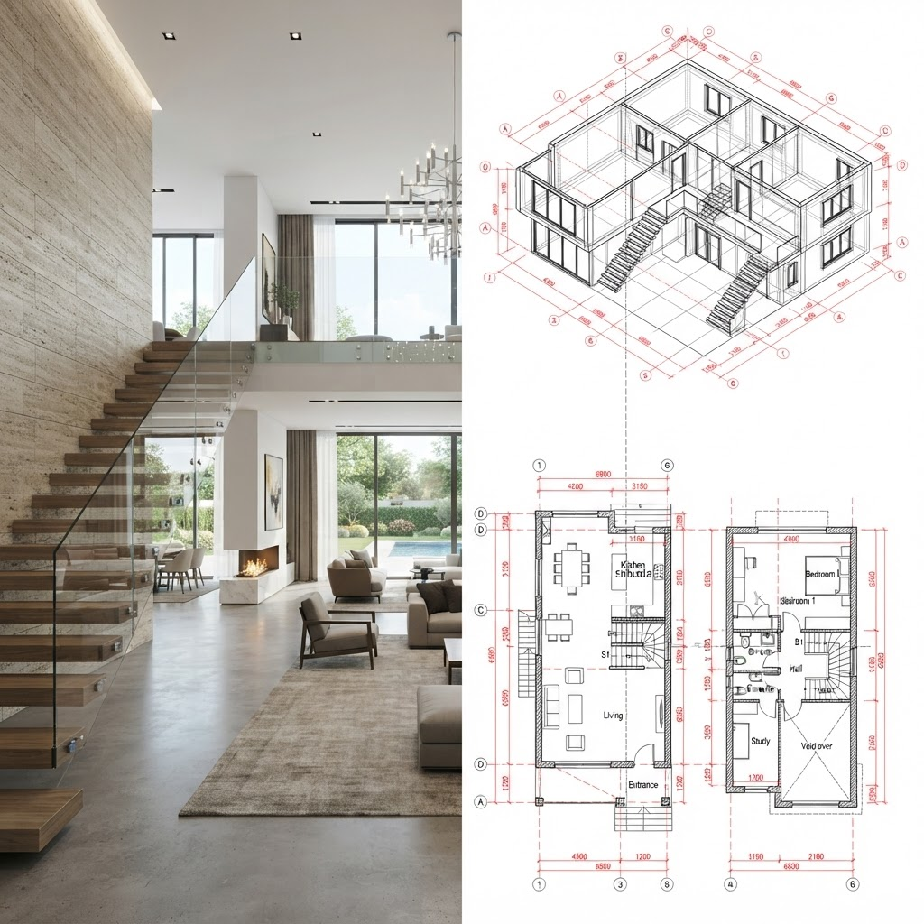 Villa survey converted into precise dimensioned 2D DWG floor plans, elevations and 3D as-built CAD model for villa renovation, interior design and custom furniture production in Dubai and the UAE